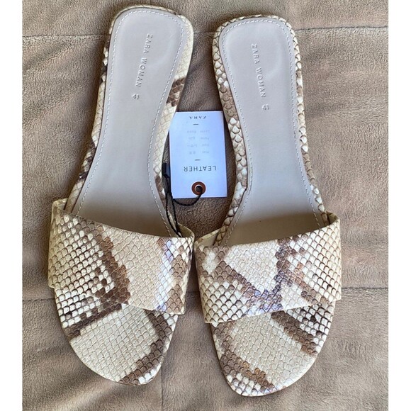 Zara Woman EU 41 US 10 leather snake print beige cream Tan nude slide sandals - Picture 2 of 13